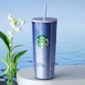 星巴克杯子2025鈴蘭系列高顏值簡約珠光銀藍雙層吸管隨行杯690ml