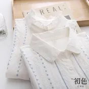 初色 甜美文藝風木耳領翻領刺繡紋理長袖襯衫上衣女上衣-共2色-10153(M-2XL可選)