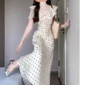【綠側貓】法式波點泡泡袖連身裙 女夏海邊度假溫柔風 收腰氣質獨特絕美小裙子 度假洋裝 海邊洋裝 渡假洋裝 渡假風洋裝 綠