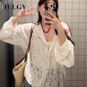 IELGY薄外套女蕾絲連帽寬鬆休閒開衫