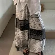 【韓國K.W.】輕量涼感夏悠仙子寬鬆韓國空運棉绸花苞顯瘦褲(小香風/休閒/日系/通勤/渡假)