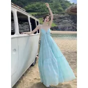 【春夏女裝】3-12度假風吊帶裙子露背綁帶紫色碎花沙灘裙女海邊連衣裙 海邊女裝 夏季短袖連身裙 寬鬆夏日洋裝 可愛孕婦裝