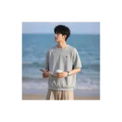 (店+)涼感衣短袖T恤男韓版寬鬆純棉透氣涼感夏季休閒百搭圓領上衣空氣層短袖老錢風撞色刺繡半袖羅紋拼接寬松體恤衫POLO衫情侶上衣男女同款吸濕排汗親膚T恤抗起球