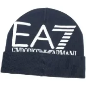 Emporio Armani EA7大型白字母老鷹標誌反摺羅紋針織帽(深藍)