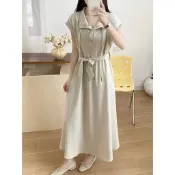 【CHILL】現貨  一秒出門｜知性立領排釦連身裙/附腰帶 有口袋 顯瘦高腰  A字大裙擺長裙 休閒洋裝 日系洋裝