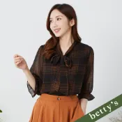 betty’s貝蒂思(35)氣質格紋蝴蝶結綁帶雪紡五分袖襯衫(黑色)