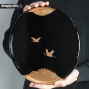 日本進口山中漆器雅鶴圓形漆盤手工金箔托盤奉茶盤子結婚送禮盒