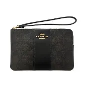 【COACH】掛帶L型拉鍊萬用手拿包(黑色/胡桃木/C Logo PVC/拼接/皮革)