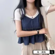 【海·嶼風🏝️】↑🌸韓國 細肩帶牛仔背心 細肩帶牛仔外搭背心 牛仔外搭背心 疊穿兩件套  細肩帶無袖牛仔 韓版 0702