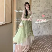 《杜達女孩》青檸微風 雙層花紗吊帶洋裝 長洋裝 連身裙 長裙 裙子 度假洋裝 雪紡洋裝 吊帶長裙 蕾絲紗裙 無袖洋裝渡假