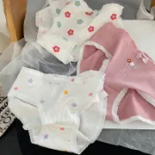 泫雅風女生棉質內褲 螺紋中腰三角褲 超可愛韓系花朵印花底褲 溫柔泡泡邊 配別緻網紗蝴蝶結 100%純棉襠  免運