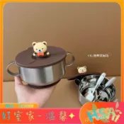 HShi  316不銹鋼兒童碗雙耳輔食碗喫飯吸盤碗餐具防摔湯碗帶蓋 85V9