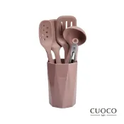 【CUOCO】北歐半月柄全矽膠廚具6件組-粉色(炒鏟+煎鏟+湯勺+漏勺+料理夾+廚具筒)