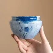 臺灣現貨手繪藍蓮花建水陶瓷佩見盂缸小號捉棉廢水缸水桶