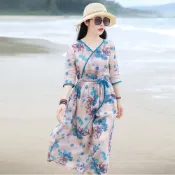 (店+)【Paiya 派亞】文藝寬鬆棉麻五分袖女收腰渡假連身長洋裝連衣裙M-2XL