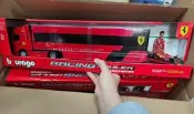 比美高1:43法拉利SF24 F1運輸車模型，全新未拆封，帶原包裝盒。紅色貨櫃車，配套16號勒克萊爾F1賽車，合金材質，