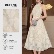 (New Arrival) (Refine by Lovito) 女士杏色碎花露背綁帶長版A字紋理洋裝適合正式場合 夜間外出及週末休閒 DRR45P1D023