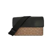 【COACH】上翻蓋斜背男包/迷你郵差包(卡其棕/C LOGO PVC/拼接皮革)