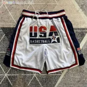 球褲 高品質 經典復古口袋刺繡美國運動夢幻隊1992五分褲復古白色球美式短褲 N C A