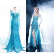 Cosplay 萬聖節衣服 萬聖節服裝 萬聖節外貿冰雪奇緣成人洋裝艾莎公主舞臺婚紗禮服洋裝表演服