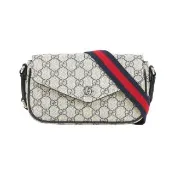 【GUCCI 古馳】Ophidia 塗層帆布及藍紅織帶信封式迷你斜背包(米色/烏木色)