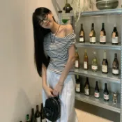 撞色條紋一字肩短袖上衣 可斜肩 合身 短袖上衣 女生T恤 顯瘦 修身 斜肩T恤 辣妹上衣一字領 夏季衣服 女裝