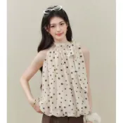 NZN 法式波點綁帶掛脖上衣女 無袖雪紡氣質顯瘦輕柔小衫夏季通勤背心