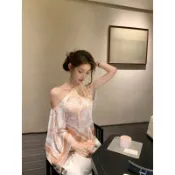 【大美人松弛感】斜肩一字两穿经典印花光泽感衬衫上衣