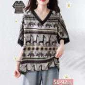 V領動物圖騰拚色印花半分袖上衣 L-5XL【625719X】【現+預】☆流行前線☆