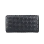 【BOTTEGA VENETA 寶緹嘉】BV Intrecciato 經典編織 掀蓋 羊皮 金扣 拉鍊 皮夾長夾 黑色