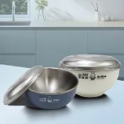 【一品川流】豆豆316不鏽鋼隔熱碗-附不鏽鋼蓋-14cm-莫蘭迪藍x1+白色x1