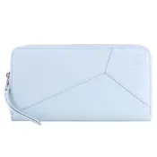 LOEWE Puzzle 壓印LOGO經典幾何小牛皮ㄇ字拉鍊長夾(水藍)