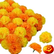 20 件裝人造萬壽菊花,橙黃色萬壽菊花頭散裝帶莖,絲綢人造花 DIY 裝飾萬聖節、排燈節、亡靈節、家居裝飾