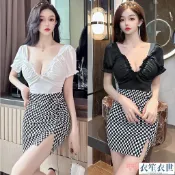 性感女裝格子拼接撞色低胸露背短袖包臀裙深V開叉收腰連衣裙一字領洋裝禮服連身裙[衣笙衣世]