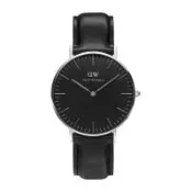 DW Daniel Wellington 經典黑色皮革腕錶-銀框/36mm(DW00100145)