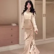 千金套裝💖小香風套裝 老錢風套裝 宴會套裝 穿搭套裝 法式千金風荷葉邊襯衫上衣高腰魚尾裙兩件套女高級感氣質半身裙女
