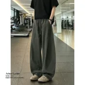 灰色彎刀工裝褲男款春夏季美式復古a字寬褲廓形褶皺傘兵褲潮牌