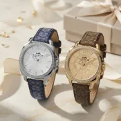 COACH 蔻馳 Boyfriend 經典LOGO緹花織布晶鑽腕錶34mm(2色任選 新款)