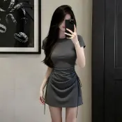 設計感抽繩掐腰洋裝 韓系顯瘦不規則迷你短裙 氣質 女生衣服 大尺碼 辣妹純慾風包臀連身裙 小個子修身緊身窄裙 短袖洋裝夏