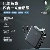 補貨中~『REMAX』- 【無界多合一行動電源】可超取－充電器/快充/15000mAh大容量/自帶線 RPP-20
