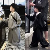 全球選品1館 生活百貨 男童加絨加厚套裝2025秋冬新款兒童假兩件襯衫領運動褲兩件套韓版