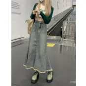 免運 臺灣出貨 牛仔半身長裙 大碼胖妹妹高腰美式複古毛邊牛仔半身裙春季新款魚尾裙A字長裙女 IM09