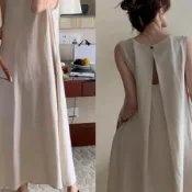 【摩妮卡】休閒大碼無袖背心裙女夏季寬鬆顯瘦連衣裙A字露背純色氣質長裙子 寬鬆顯瘦 連身裙 大尺碼裙 顯瘦洋裝 日常穿搭