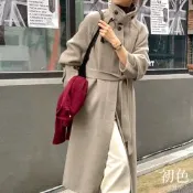 初色 韓版純色復古立領單排釦長款大衣長袖風衣毛呢外套女外套-共3色-17330(F可選)