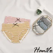 【HanVo】日雜風條紋木耳捲邊內褲 純棉內褲 三角褲  女生內褲 女內褲 條紋內褲 親膚柔軟 內褲 A11-5556