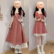 紅格綺夢夏季.法式甜美A字裙擺顯白蕾絲拼接桔梗初戀洋裝仙