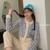 👗👗針織開衫📣超少女短款外套韓版格子短版開衫長袖針織毛衣寬鬆格紋針織開衫百搭顯瘦針織毛線衫女生衣著針織外 ZY