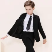 男童西裝套裝黑色小西服帥氣三件套秋冬花童男孩晚禮服兒童演出服cewu