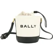 BALLY Bar LOGO帆布拼牛皮抽繩內袋肩背/斜背水桶包(米白色)