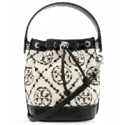 【TORY BURCH】專櫃款 Monogram 菱格紋毛圈布手提/肩背水桶包(迷妳款/黑白撞色)